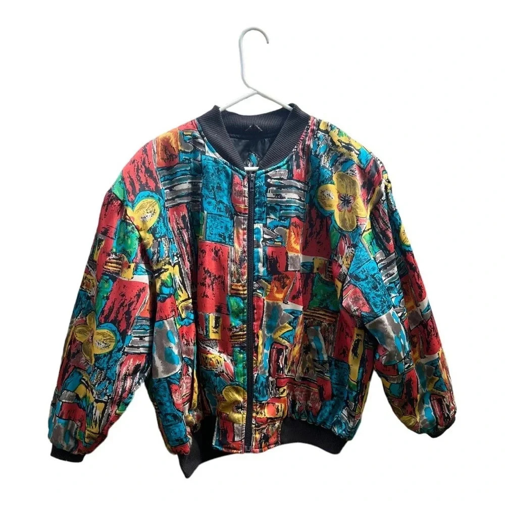 Vintage Braetan Colorful Floral Abstract Bomber Jacket // Size Medium
